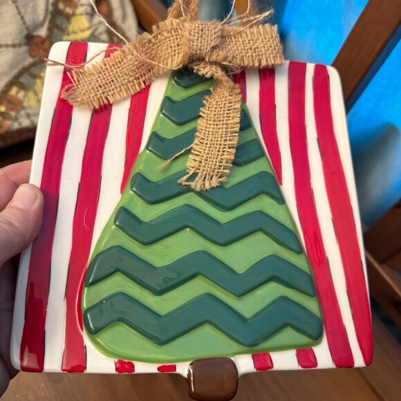 Mud pie Square Christmas tree Dessert plate Burlap Bow New Stripes Holiday RARE - Picture 1 of 10